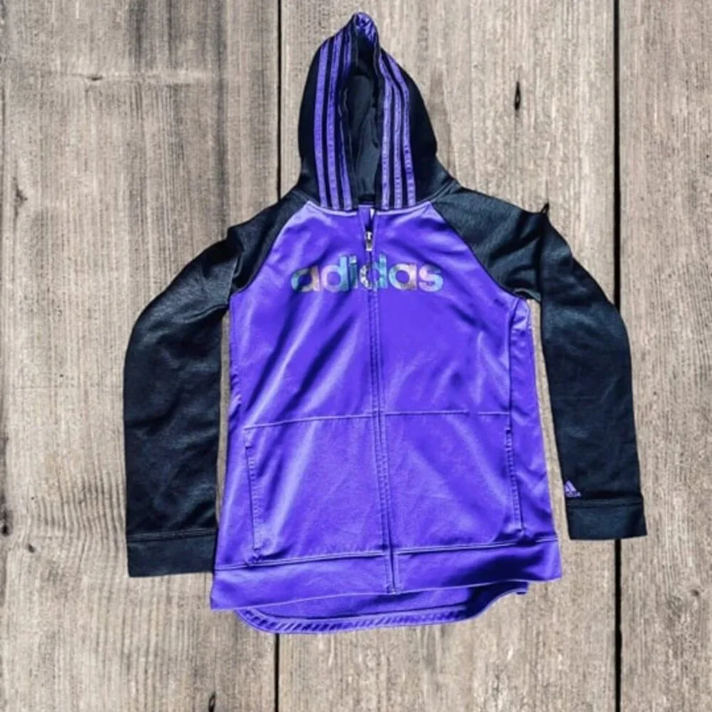 Adidas Girls Rainbow Metallic Zip Up Hoodie Purple and Black‎ Size XL 14/16
